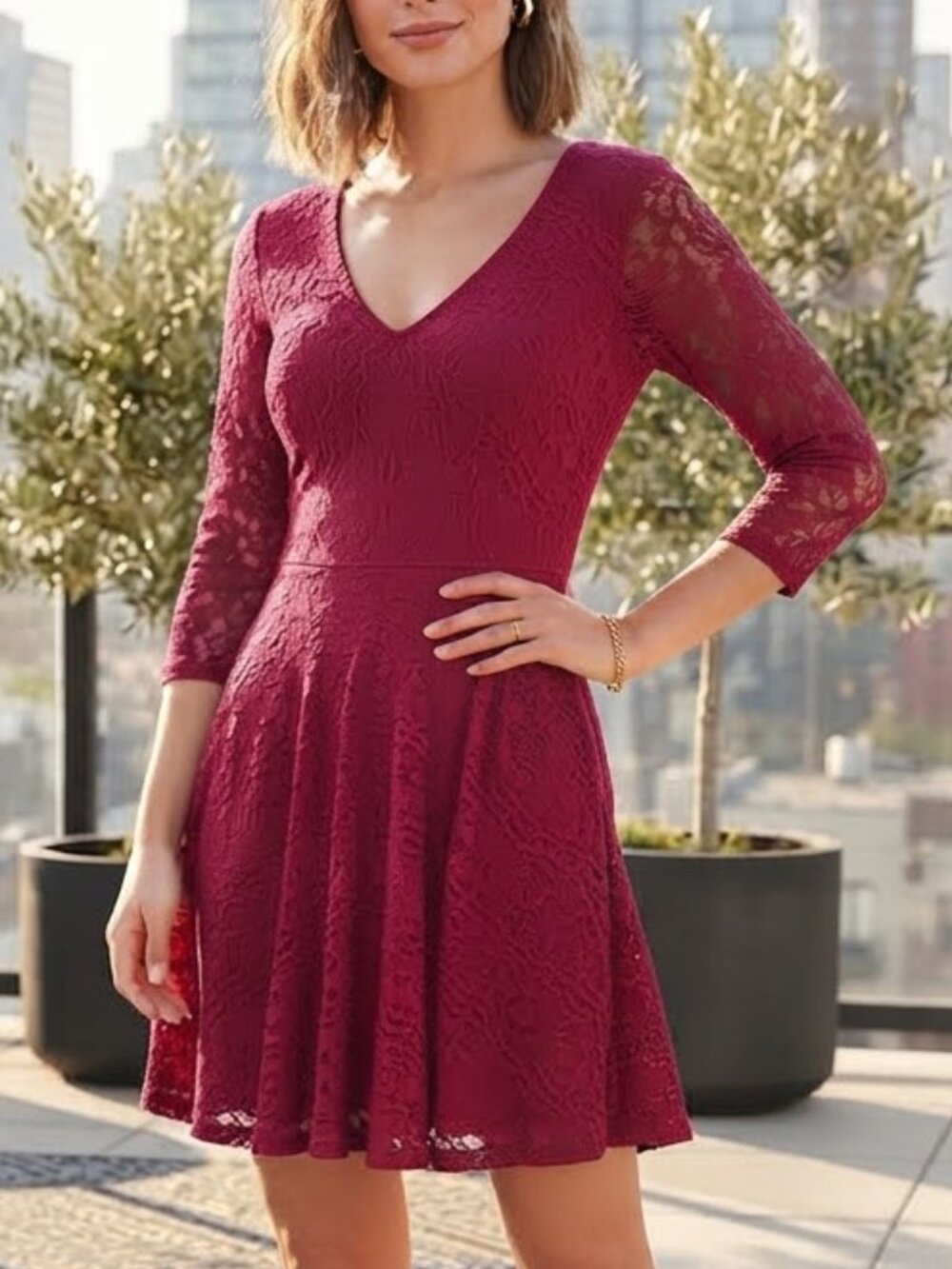 LUSH Burgundy Red V-Neck Fit & Flare Mini Dress XS